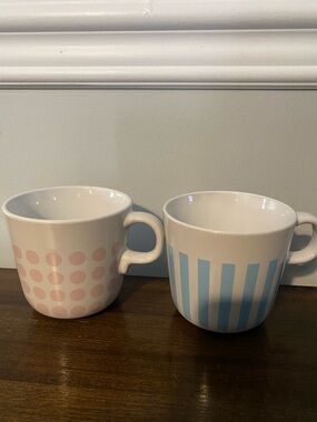 IKEA Pink Polka Dot & Light Blue Stripe Ceramic Mugs